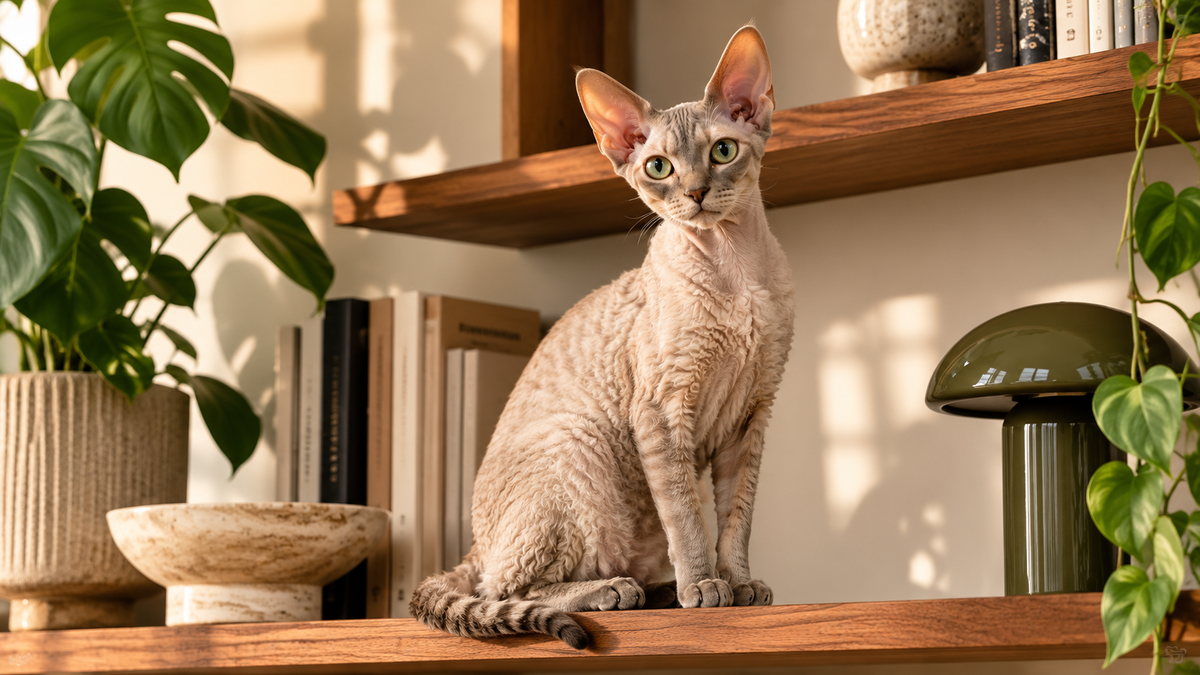 Devon Rex met grote oren en krullende vacht zit op een design wandplank
