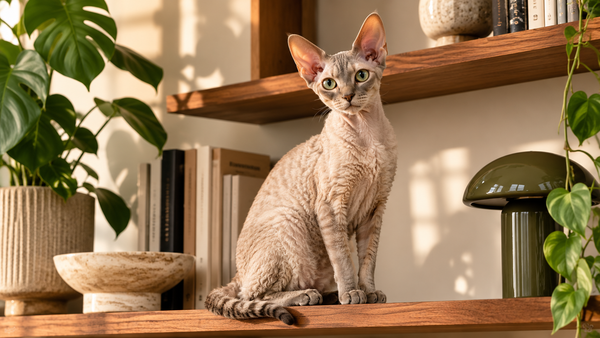 Devon Rex met grote oren en krullende vacht zit op een design wandplank