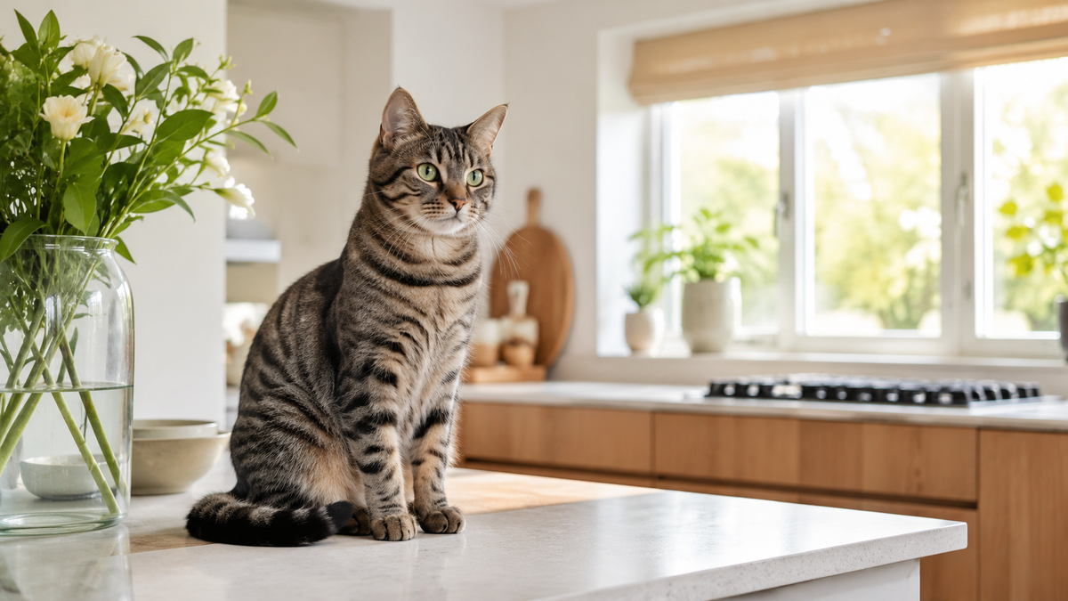 Europese Korthaar met tabby vacht zit in een lichte keuken in ochtendlicht