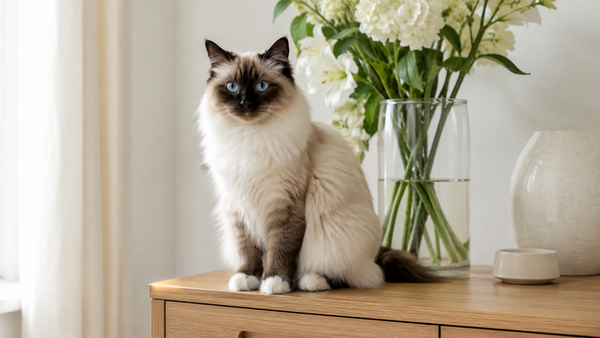 Heilige Birmaan met witte sokjes en blauwe ogen zit op een eiken dressoir met bloemen