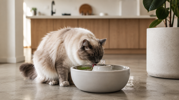 Kat drinkt uit een keramische drinkfontein in een moderne keuken