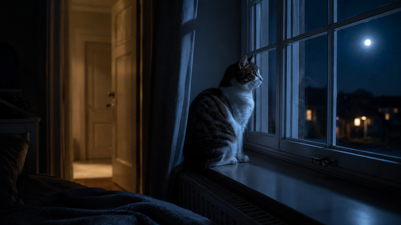 Kat zit 's nachts alert op de vensterbank bij maanlicht