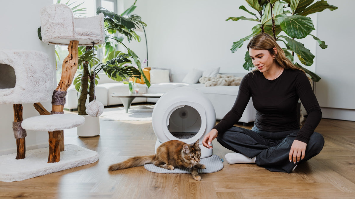 A woman is sitting relaxed with her cat next to the Poopy Nova Pro the living room