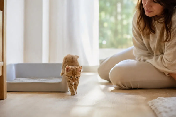 Kitten stapt in een lage kattenbak terwijl het baasje toekijkt