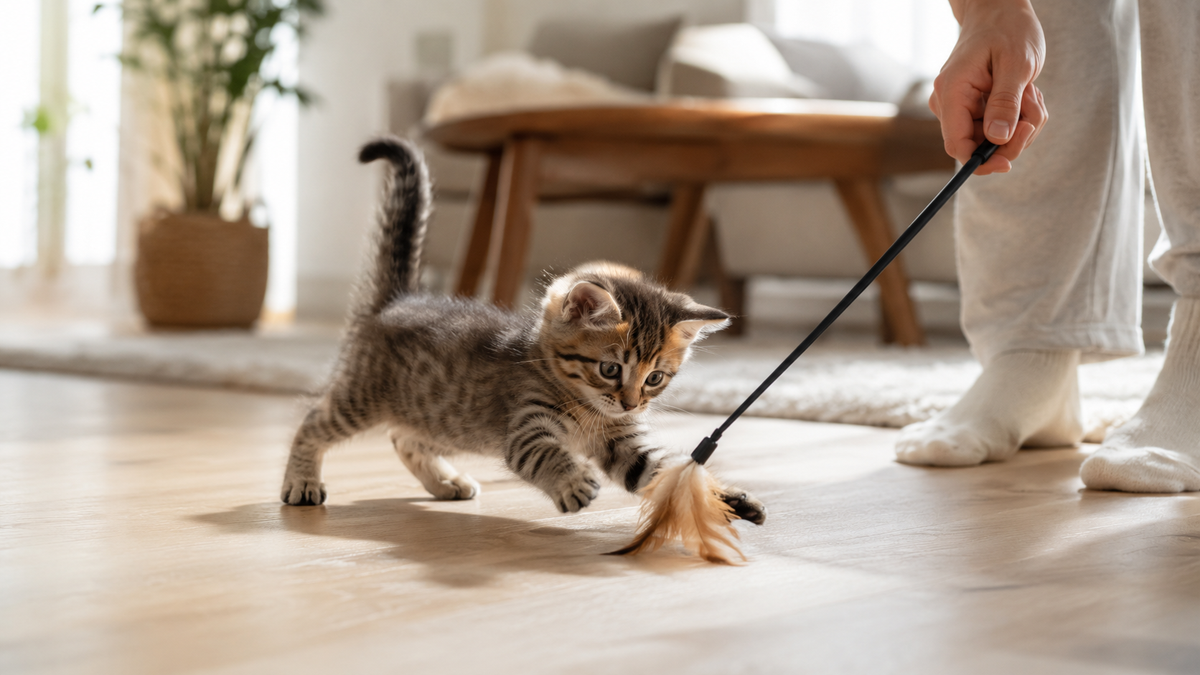 Speels kitten jaagt op een veertje in de woonkamer