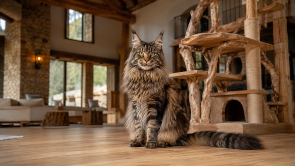 Maine Coon met lange bruine tabby vacht zit trots in een ruime woonkamer