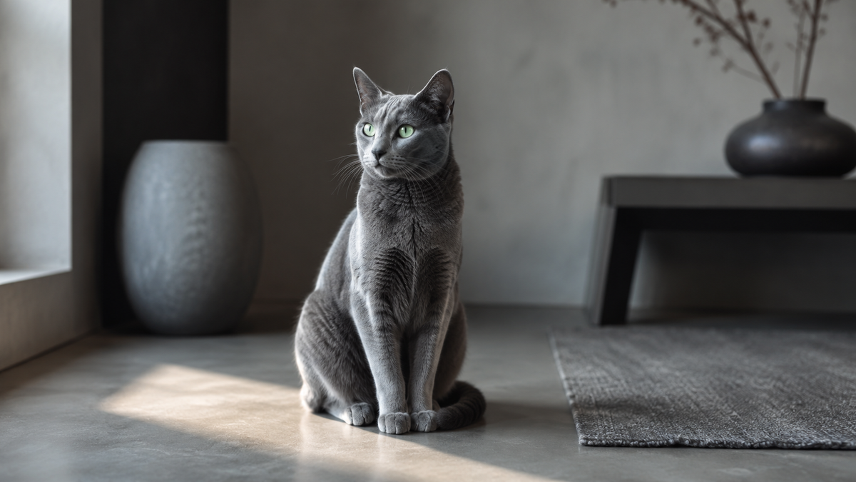 Russisch Blauw met zilverblauwe vacht en groene ogen in een minimalistisch interieur