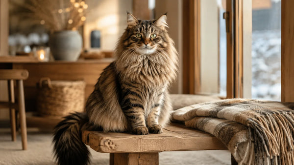 Siberische kat met dikke bruine tabby vacht en volle kraag zit op een houten bank