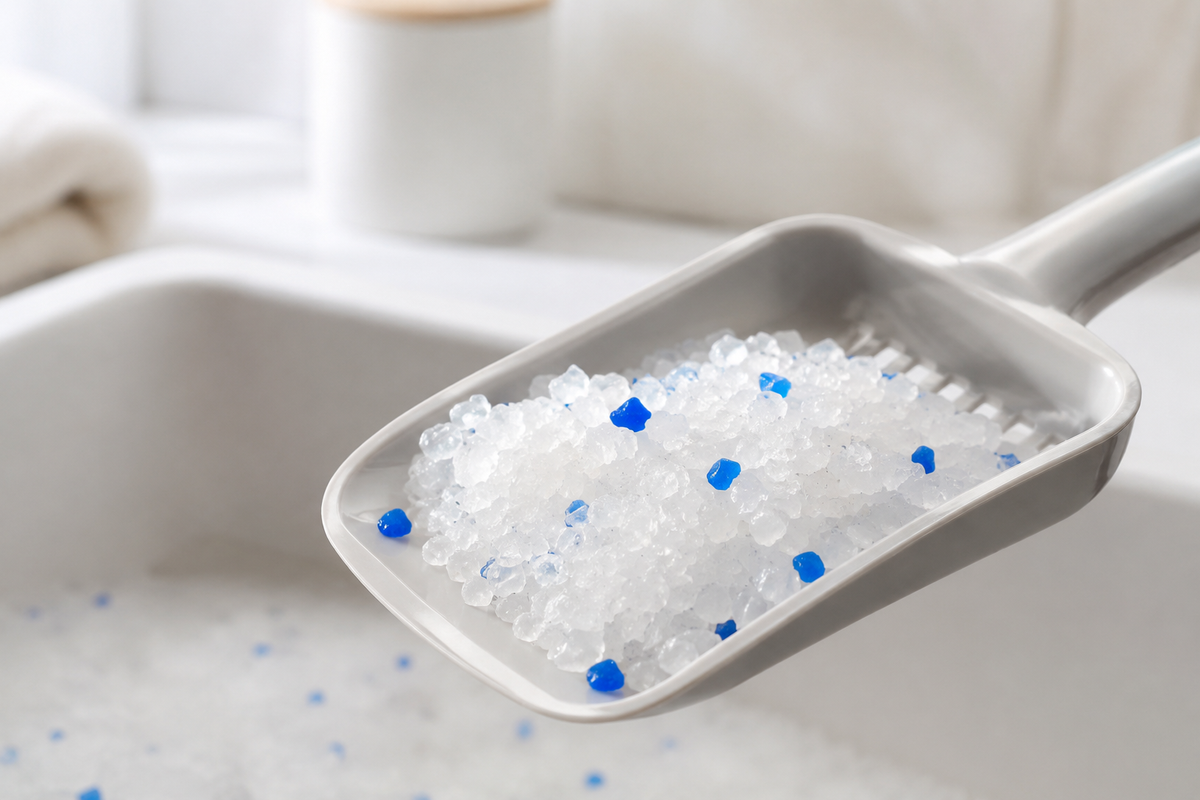 Witte silicakristallen kattenbakvulling met blauwe indicatorkorrels op een schepje