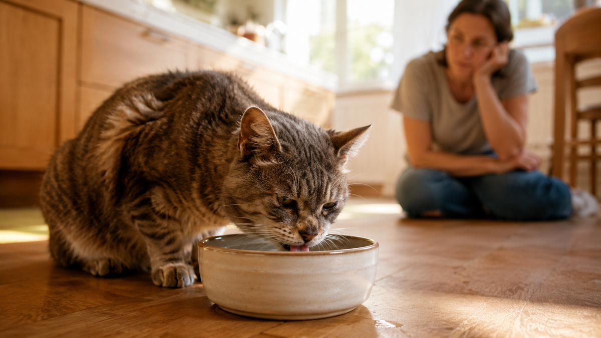 Oudere kat drinkt gulzig uit een waterbak terwijl de eigenaar toekijkt