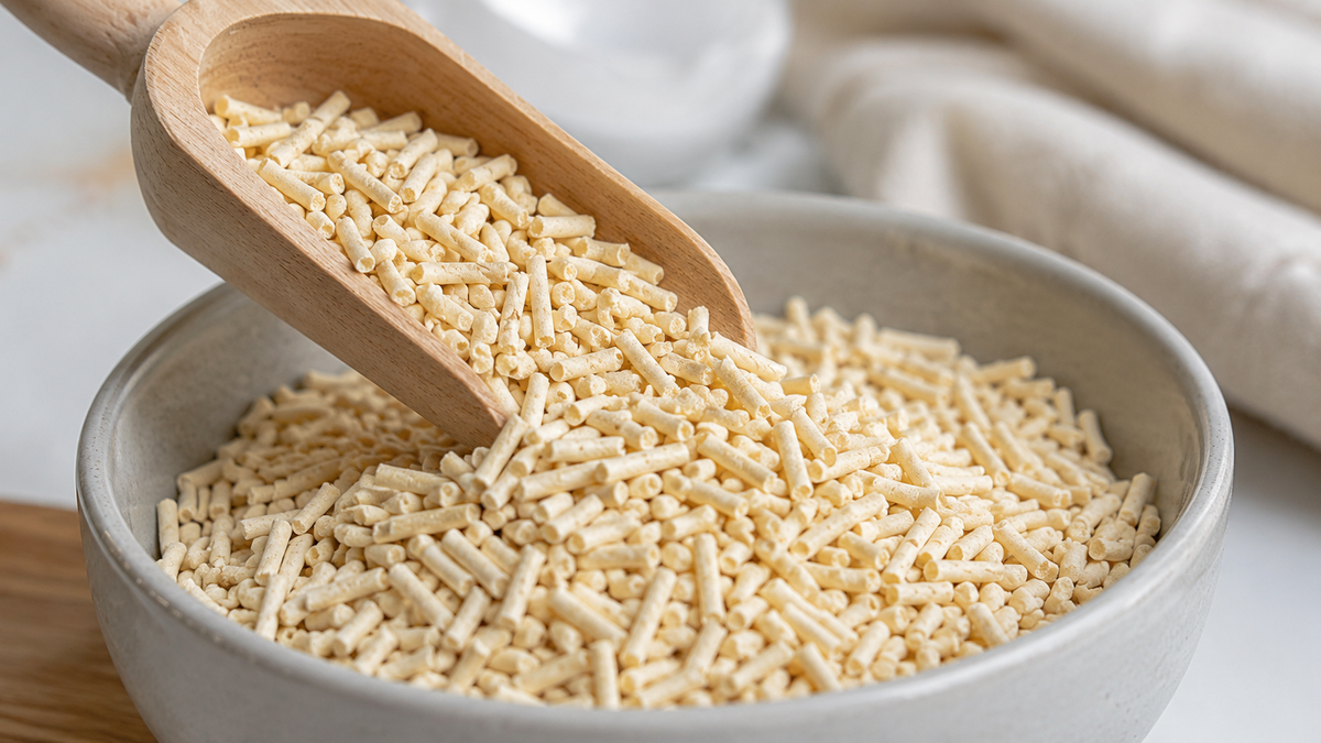 Plantaardige tofu-kattenbakvulling in een houten schep boven een schaal