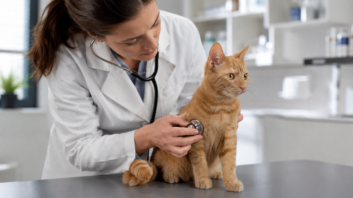 Dierenarts onderzoekt een jonge kat op de behandeltafel