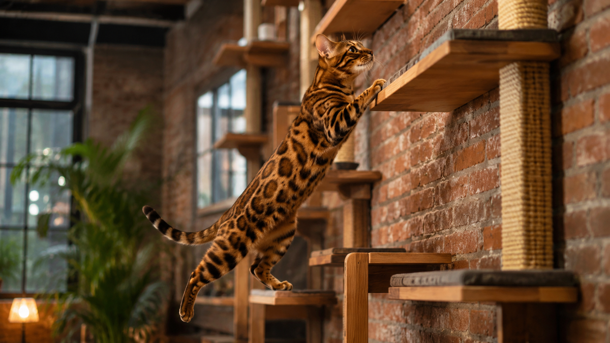Bengaalse kat met gevlekte vacht klimt op een kattenwand in een stadsloft