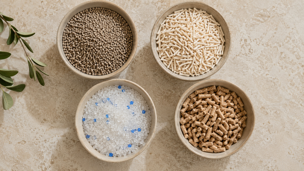 Vier soorten kattenbakvulling naast elkaar in schaaltjes: klei, tofu, silica en houtkorrels