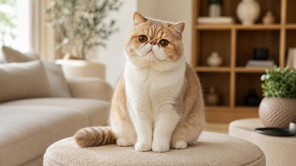 Exotic Shorthair met plat snoetje en pluche vacht zit als een teddybeer op een beige poef