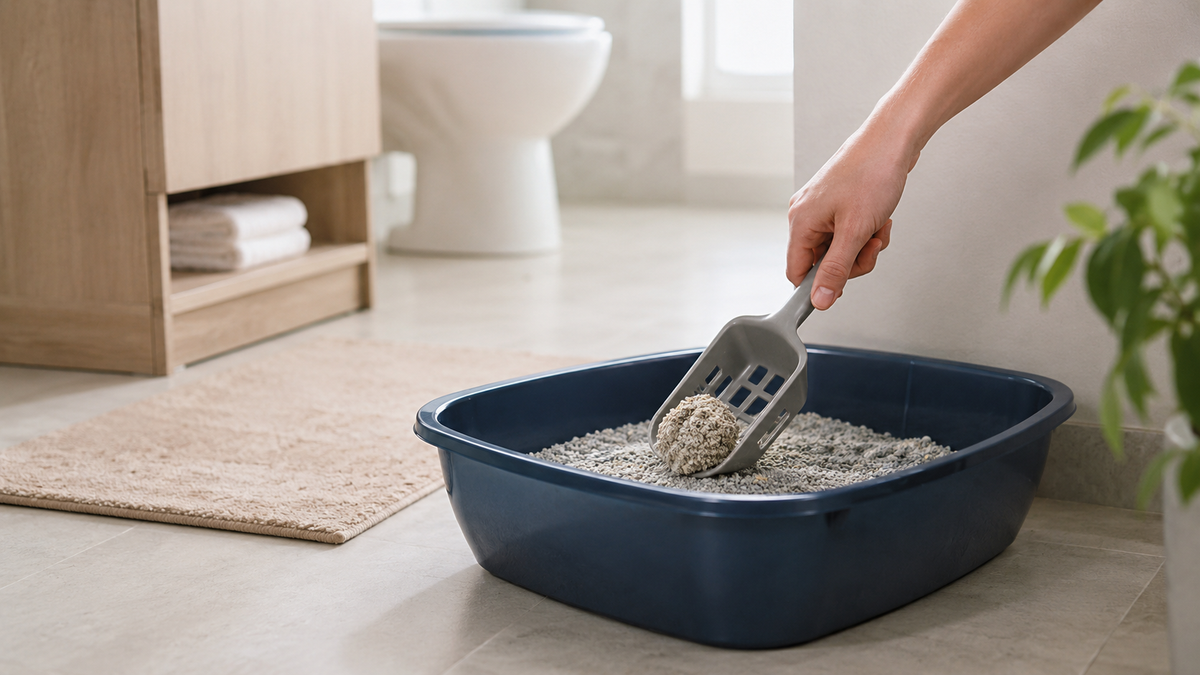Kattenbak wordt met een schepje verschoond in een lichte badkamer