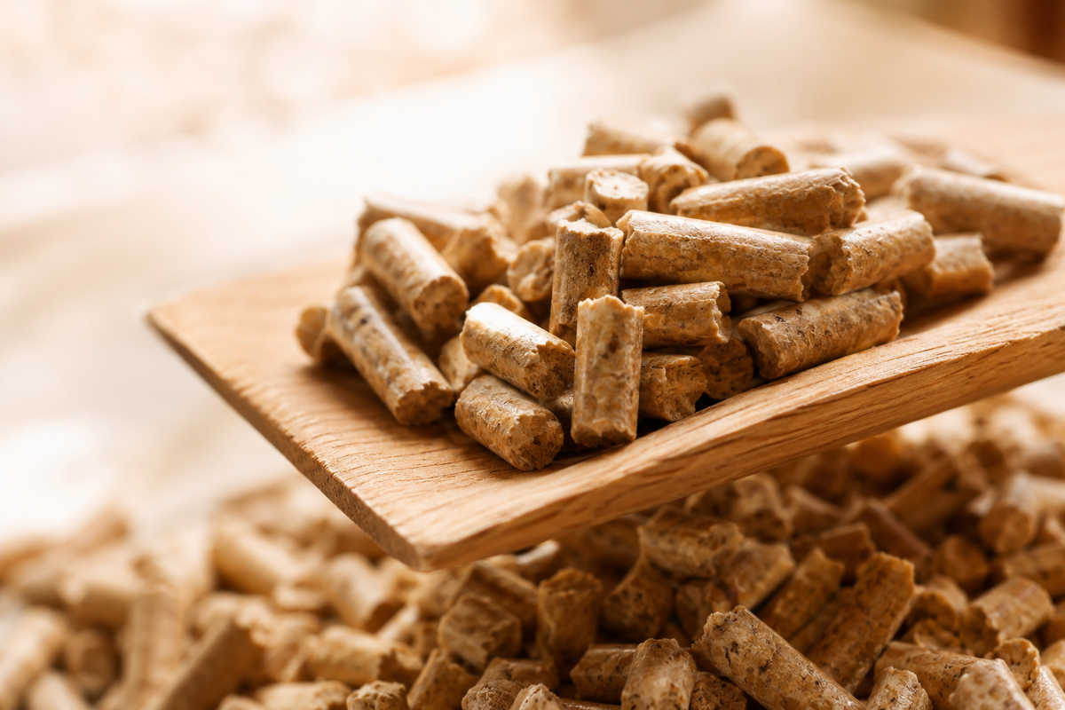 Houten pellets kattenbakvulling op een houten schepje