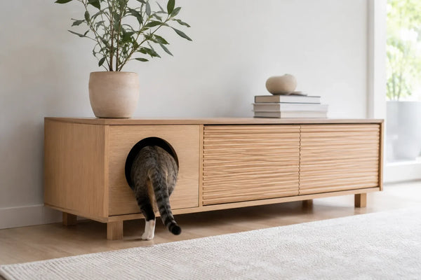 Kat stapt in een dressoir met ronde opening als kattenbak-ombouw