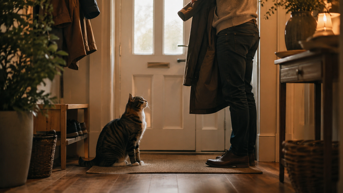 Kat kijkt bij de voordeur omhoog naar vertrekkende eigenaar
