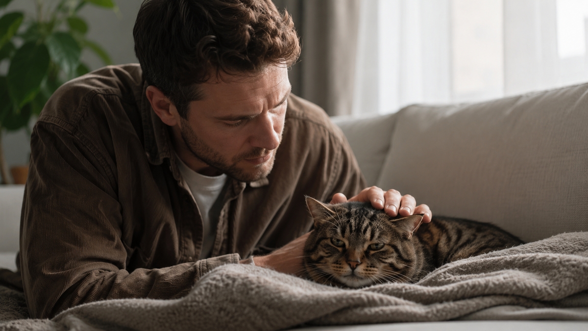 Bezorgde eigenaar aait een kat die rustig op een deken op de bank ligt