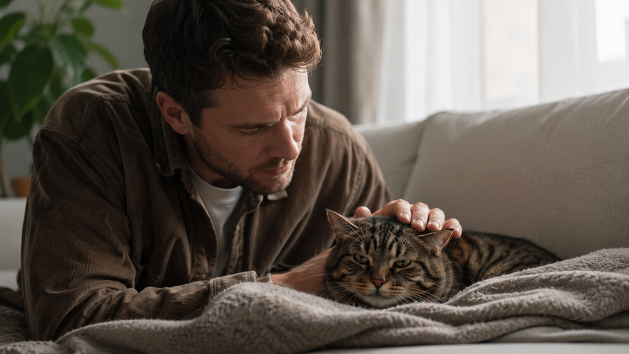 Bezorgde eigenaar aait een kat die rustig op een deken op de bank ligt