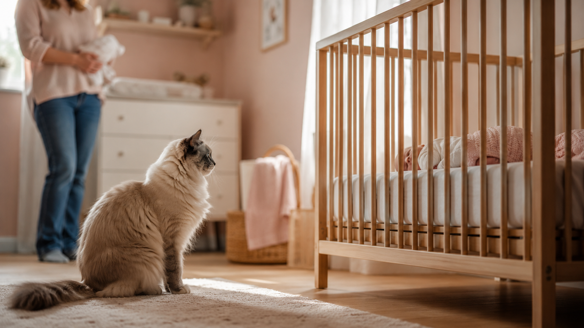 Kat kijkt op respectvolle afstand naar een babywieg in een zacht verlichte babykamer