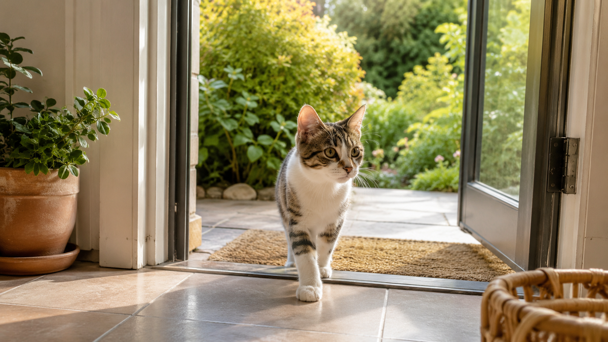 Jonge kat stapt voorzichtig door de achterdeur de tuin in