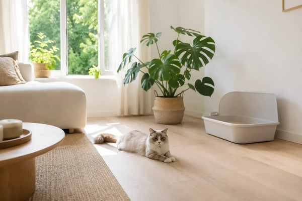 Kattenbak die niet stinkt in een frisse, lichte woonkamer