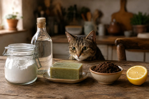 Huismiddeltjes tegen een stinkende kattenbak: baking soda, azijn, groene zeep en koffiedik