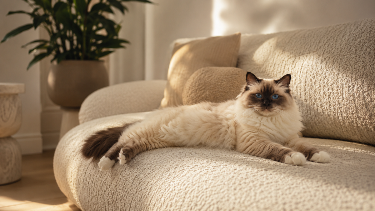 Ragdoll met crèmekleurige vacht en blauwe ogen ligt ontspannen op een boucle bank