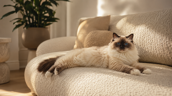 Ragdoll met crèmekleurige vacht en blauwe ogen ligt ontspannen op een boucle bank