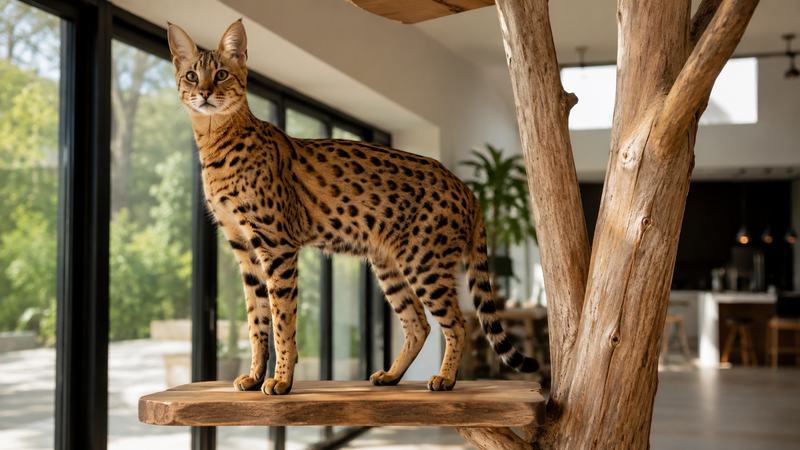 Savannah kat met gevlekte vacht en lange poten staat op een hoog platform