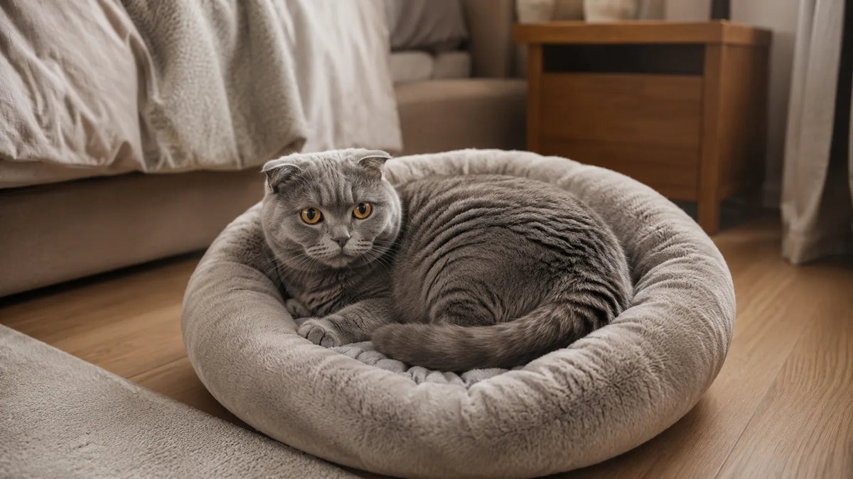 Scottish Fold met gevouwen oortjes ligt opgekruld in een ronde kattenmand