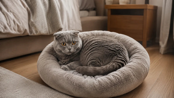 Scottish Fold met gevouwen oortjes ligt opgekruld in een ronde kattenmand