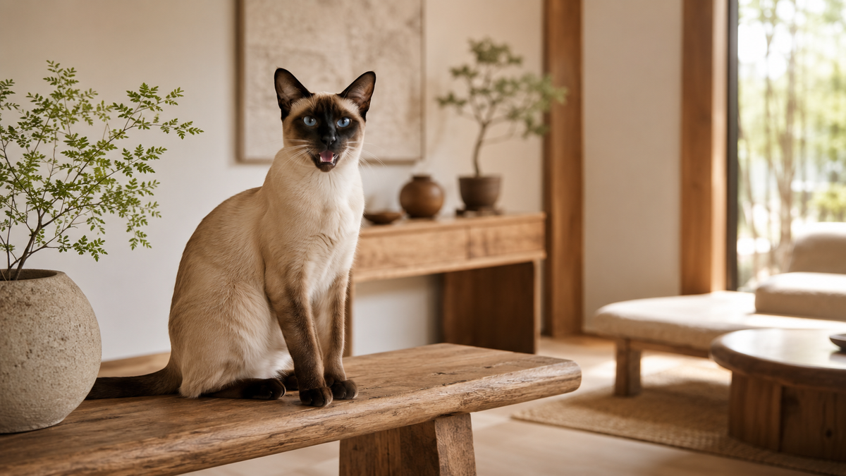 Siamese kat met donkere points en blauwe ogen zit alert op een houten bankje