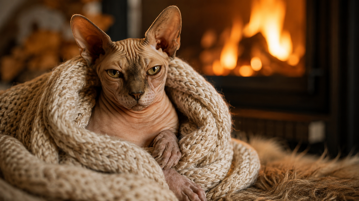 Sphynx naaktkat gewikkeld in een gebreide deken bij de open haard