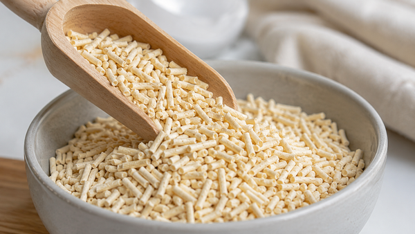Plantaardige tofu-kattenbakvulling in een houten schep boven een schaal